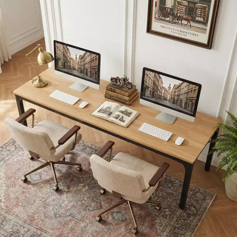 MAYEERTY 78,7 - Bureau double poste industriel extra long, bureau à domicile pour 2 personnes avec cadre métallique robuste, plateau de table en MDF capacité 90 kg