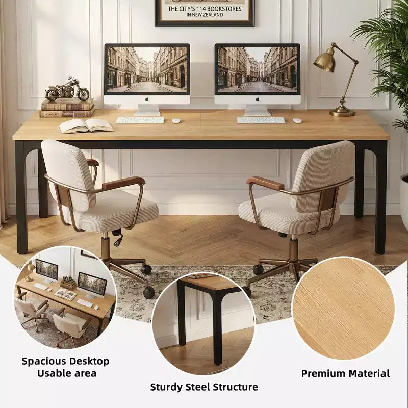 MAYEERTY 78,7 - Bureau double poste industriel extra long, bureau à domicile pour 2 personnes avec cadre métallique robuste, plateau de table en MDF capacité 90 kg