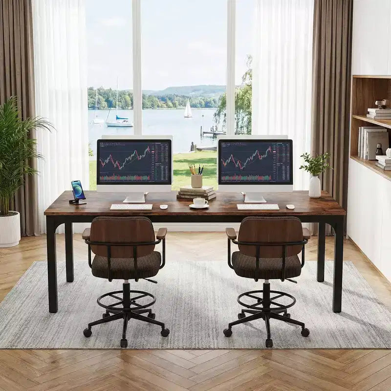 MAYEERTY 78,7 - Bureau double poste industriel extra long, bureau à domicile pour 2 personnes avec cadre métallique robuste, plateau de table en MDF capacité 90 kg