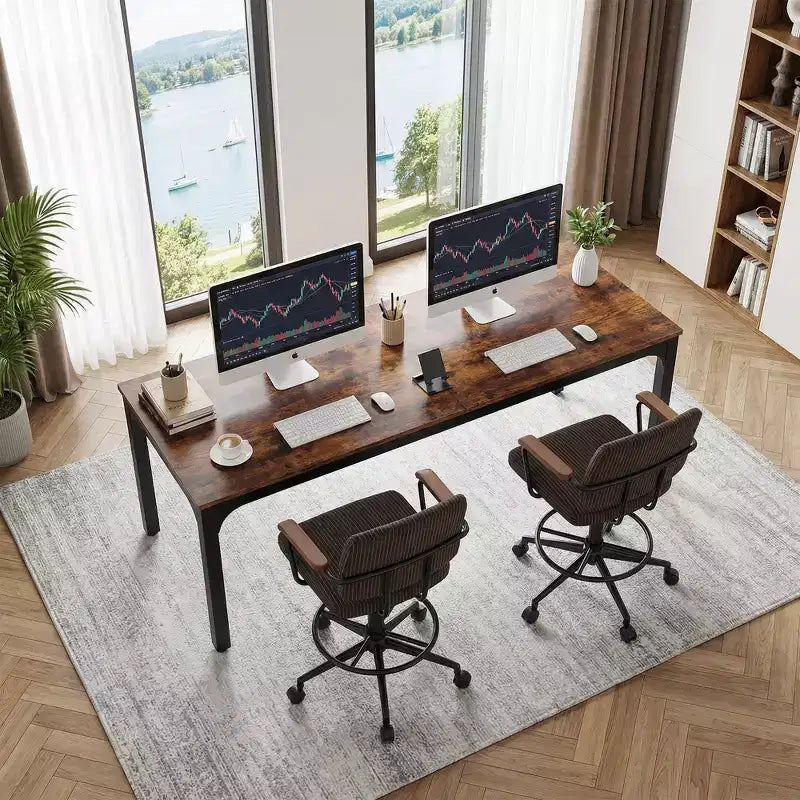 MAYEERTY 78,7 - Bureau double poste industriel extra long, bureau à domicile pour 2 personnes avec cadre métallique robuste, plateau de table en MDF capacité 90 kg