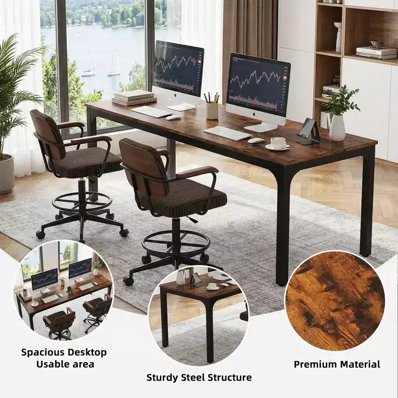 MAYEERTY 78,7 - Bureau double poste industriel extra long, bureau à domicile pour 2 personnes avec cadre métallique robuste, plateau de table en MDF capacité 90 kg