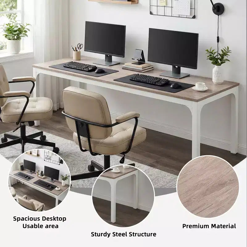 MAYEERTY 78,7 - Bureau double poste industriel extra long, bureau à domicile pour 2 personnes avec cadre métallique robuste, plateau de table en MDF capacité 90 kg