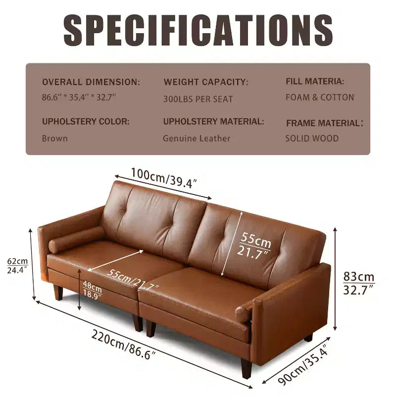 ATJafurn 86 Canapé marron en cuir capitonné avec assise profonde, canapé sectionnel rembourré de style moderne du milieu du siècle, causeuse de luxe rétro pour salon, chambre à coucher