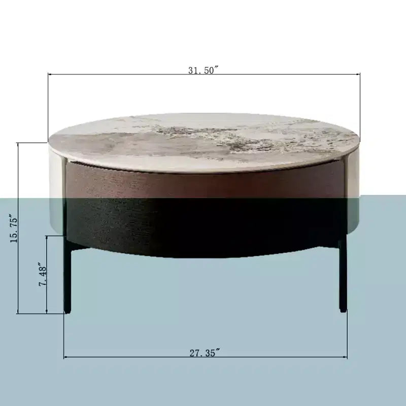 Table basse ronde de 80 cm de diamètre avec plateau en pierre frittée et rangement pour salon