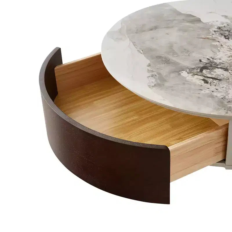 Table basse ronde de 80 cm de diamètre avec plateau en pierre frittée et rangement pour salon