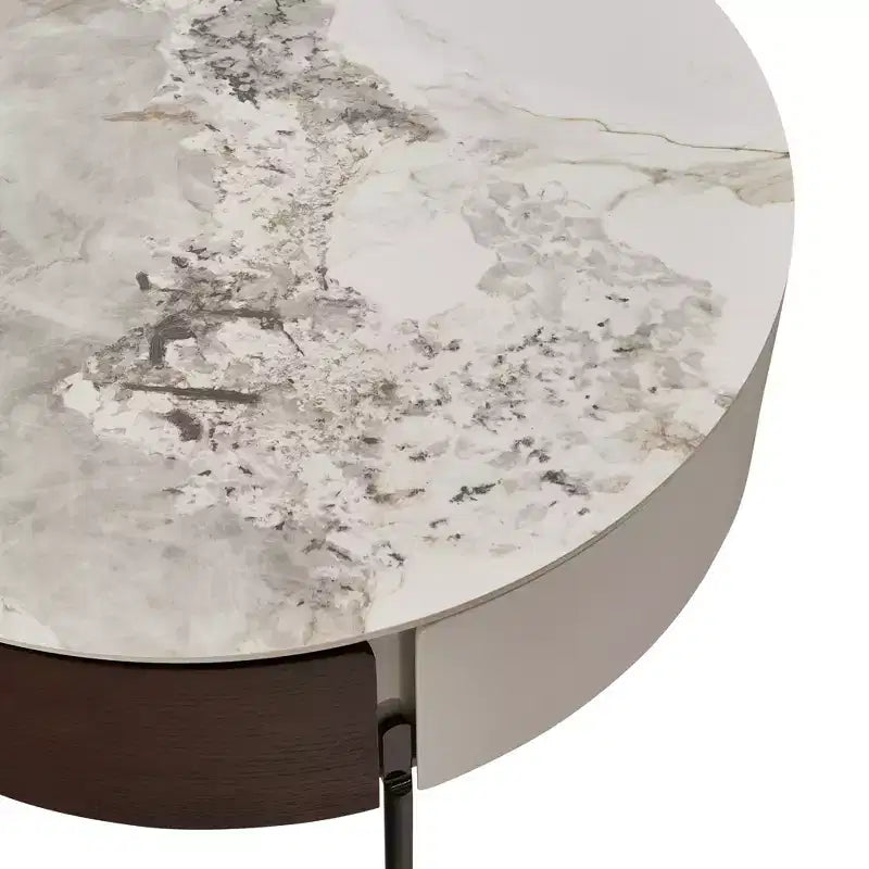 Table basse ronde de 80 cm de diamètre avec plateau en pierre frittée et rangement pour salon