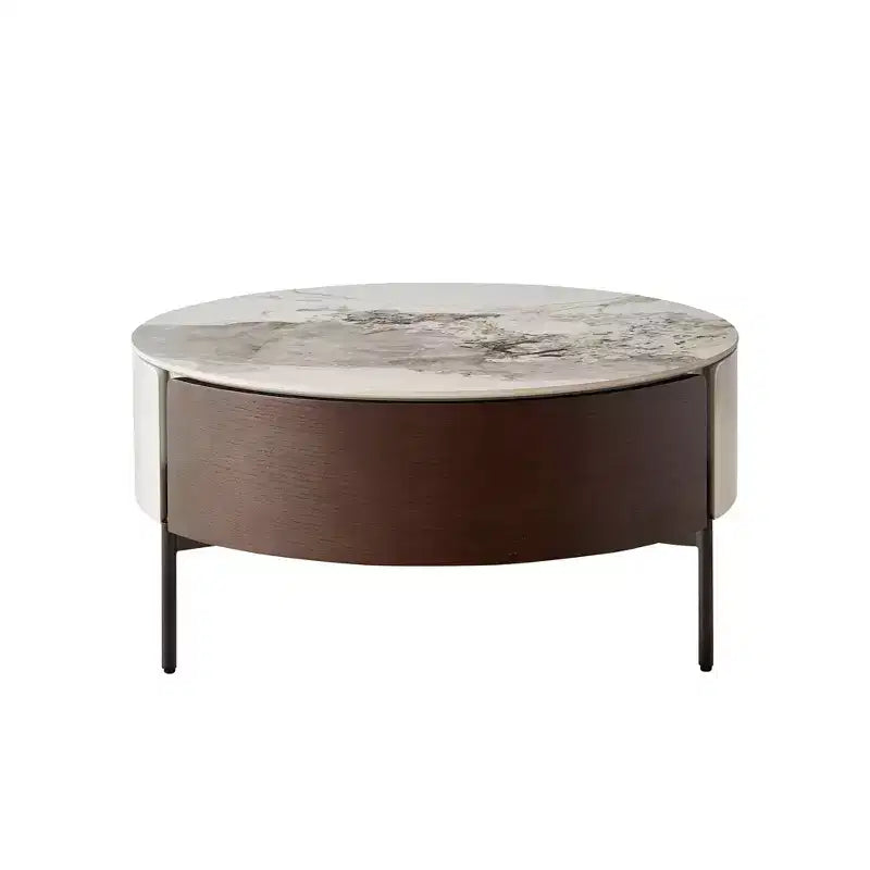 Table basse ronde de 80 cm de diamètre avec plateau en pierre frittée et rangement pour salon