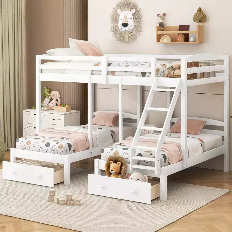 Whisen Triple Bunk Bed, Full over Twin & Twin Bunk Bed with Solid Pine Wood Frame, Storage Drawers, Shelves and Safety Guardrails - White