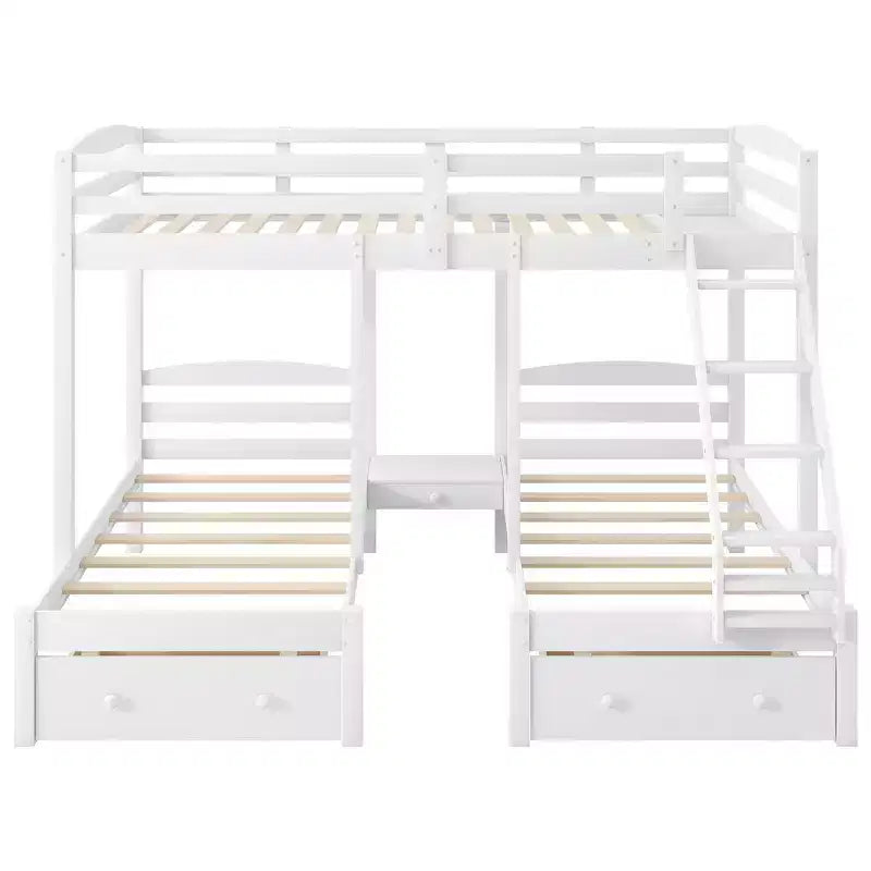 Lit superposé triple Whisen, grand lit double et lit jumeau avec cadre en bois de pin massif, tiroirs de rangement, étagères et barrières de sécurité - Blanc