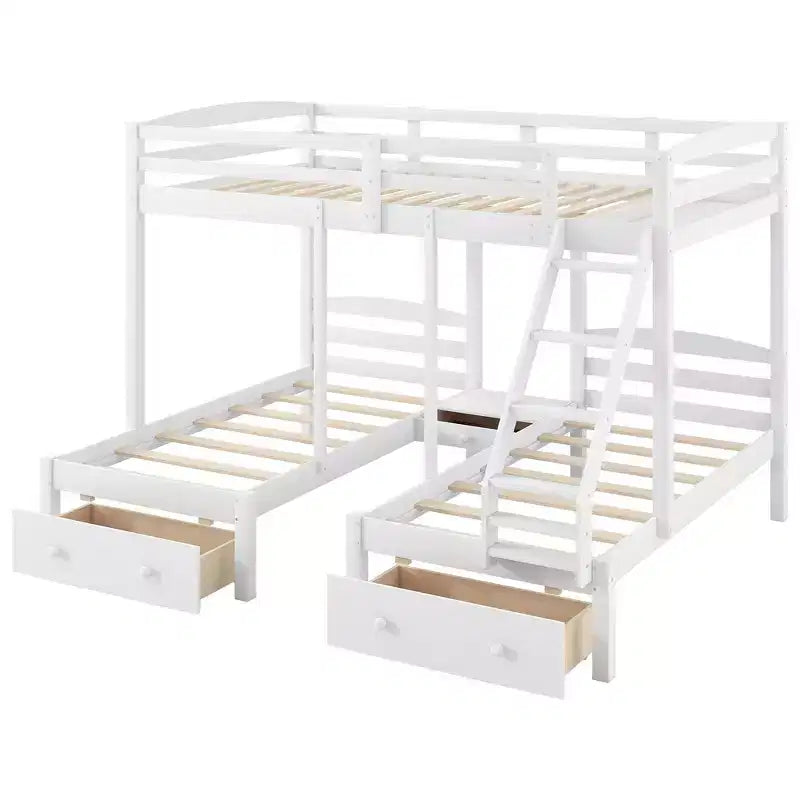 Lit superposé triple Whisen, grand lit double et lit jumeau avec cadre en bois de pin massif, tiroirs de rangement, étagères et barrières de sécurité - Blanc