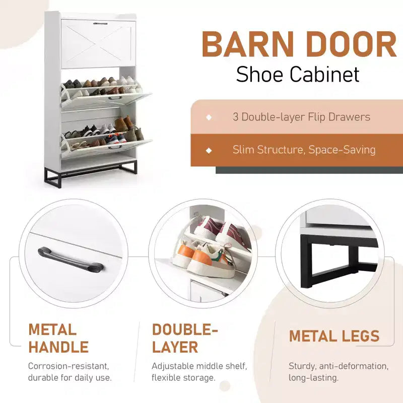 Meuble à chaussures Karl Home 3 tiroirs avec porte de grange et déflecteur supérieur