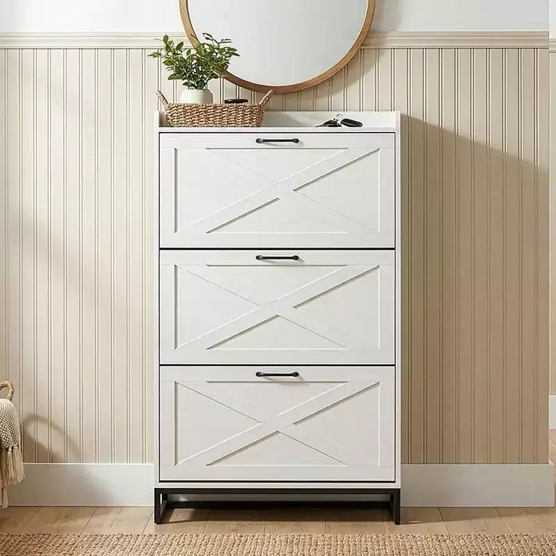 Meuble à chaussures Karl Home 3 tiroirs avec porte de grange et déflecteur supérieur