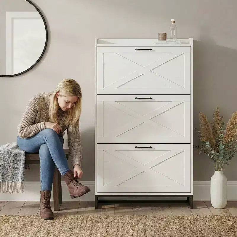 Meuble à chaussures Karl Home 3 tiroirs avec porte de grange et déflecteur supérieur
