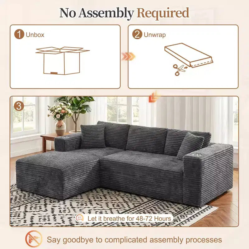 Celebalcony Canapé modulaire sans os 103, chaise longue en forme de L avec 2 porte-gobelets, canapés nuages moelleux en velours côtelé pour salon, aucun assemblage requis