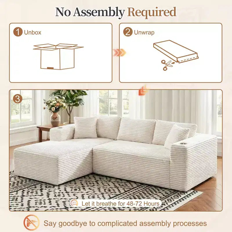 Celebalcony Canapé modulaire sans os 103, chaise longue en forme de L avec 2 porte-gobelets, canapés nuages moelleux en velours côtelé pour salon, aucun assemblage requis