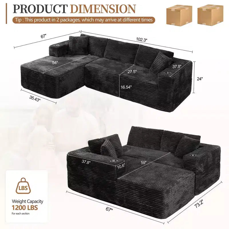 Celebalcony Canapé modulaire sans os 103, chaise longue en forme de L avec 2 porte-gobelets, canapés nuages moelleux en velours côtelé pour salon, aucun assemblage requis
