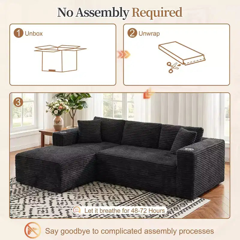Celebalcony Canapé modulaire sans os 103, chaise longue en forme de L avec 2 porte-gobelets, canapés nuages moelleux en velours côtelé pour salon, aucun assemblage requis