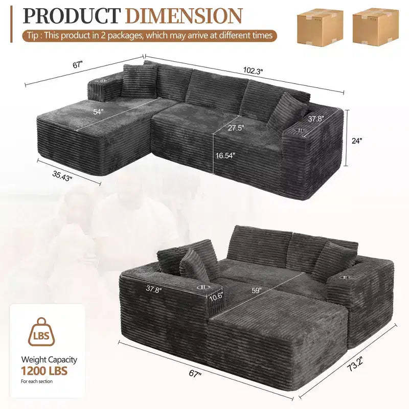Celebalcony Canapé modulaire sans os 103, chaise longue en forme de L avec 2 porte-gobelets, canapés nuages moelleux en velours côtelé pour salon, aucun assemblage requis