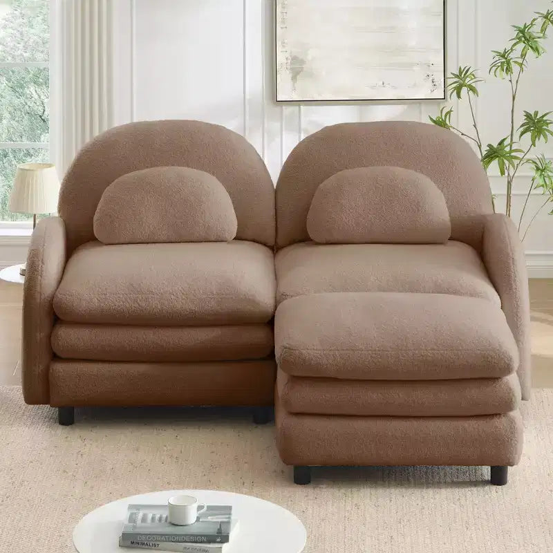 Canapé sectionnel 2 places moderne Steini 117 de GDFStudio, rembourré en tissu peluche, avec coussins lombaires incurvés et pouf mobile
