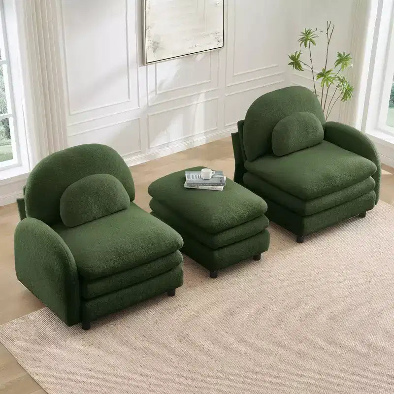 Canapé sectionnel 2 places moderne Steini 117 de GDFStudio, rembourré en tissu peluche, avec coussins lombaires incurvés et pouf mobile