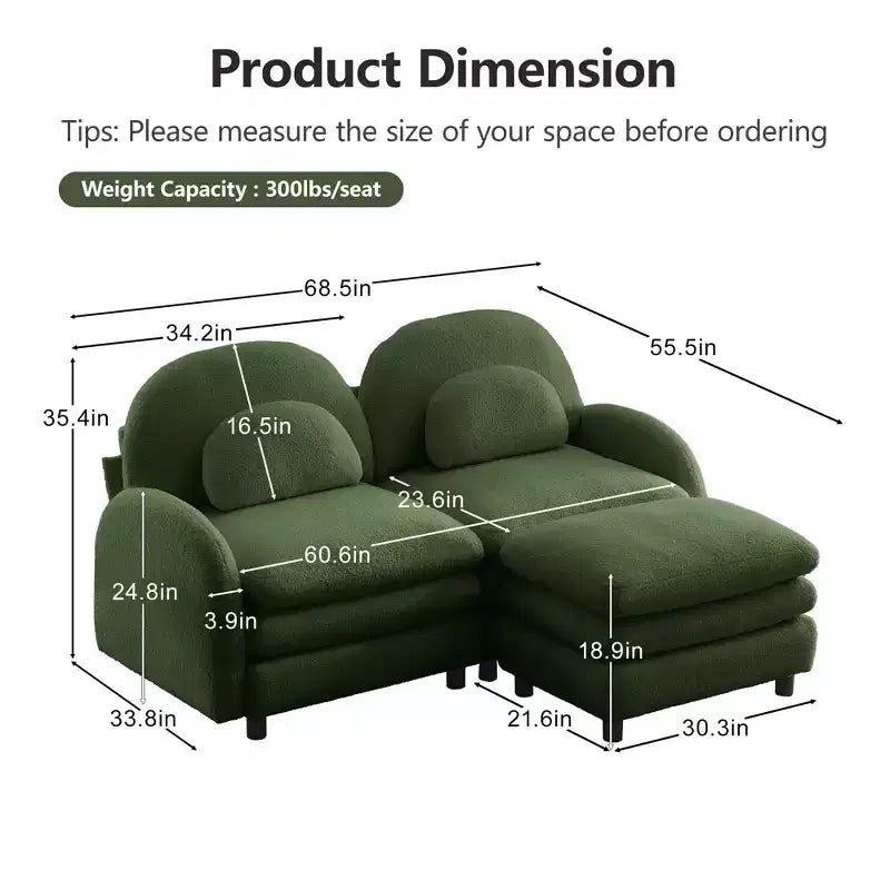 Canapé sectionnel 2 places moderne Steini 117 de GDFStudio, rembourré en tissu peluche, avec coussins lombaires incurvés et pouf mobile