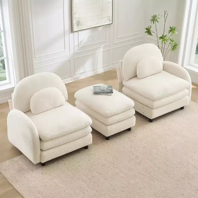 Canapé sectionnel 2 places moderne Steini 117 de GDFStudio, rembourré en tissu peluche, avec coussins lombaires incurvés et pouf mobile