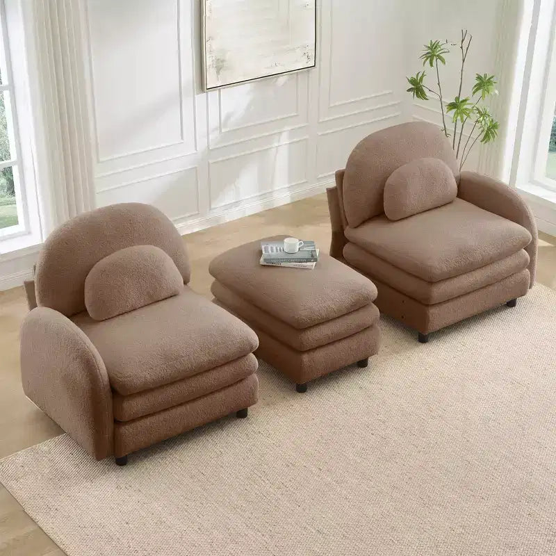 Canapé sectionnel 2 places moderne Steini 117 de GDFStudio, rembourré en tissu peluche, avec coussins lombaires incurvés et pouf mobile