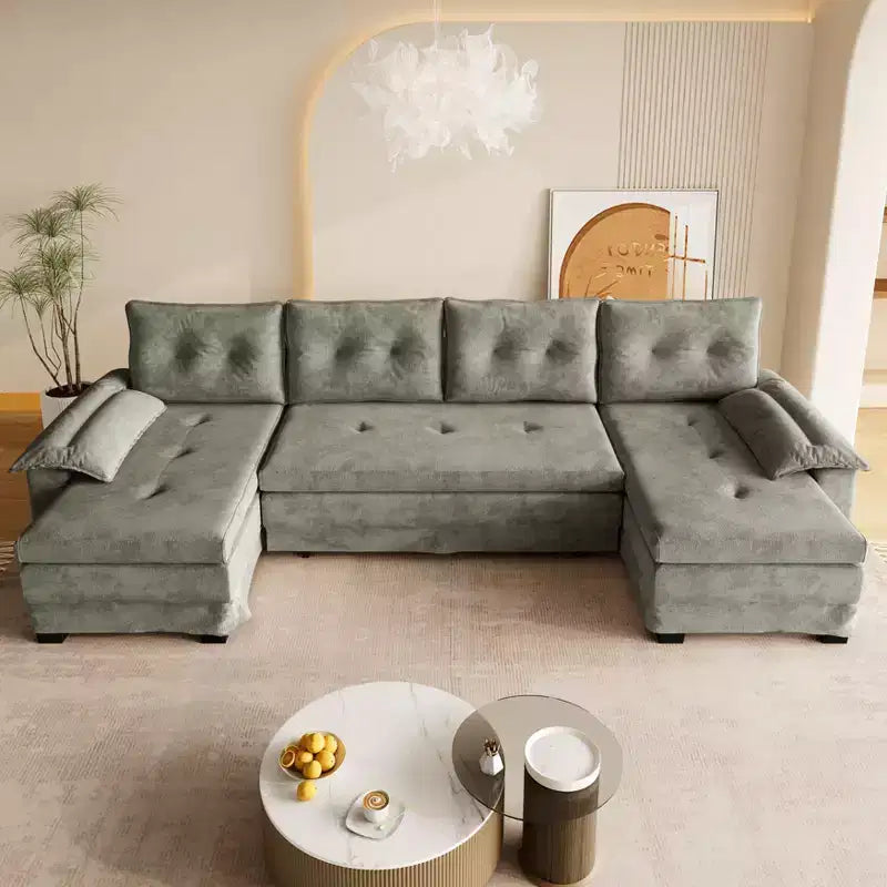 GDFStudio Yuna Canapé-Lit d'Angle Moderne en Fer et Bois avec Revêtement Chenille, Tiroir-Lit et Ports USB