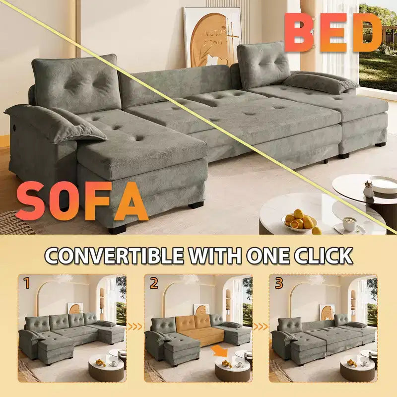 GDFStudio Yuna Canapé-Lit d'Angle Moderne en Fer et Bois avec Revêtement Chenille, Tiroir-Lit et Ports USB