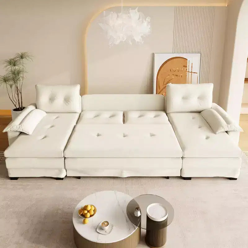 GDFStudio Yuna Canapé-Lit d'Angle Moderne en Fer et Bois avec Revêtement Chenille, Tiroir-Lit et Ports USB