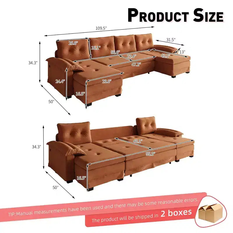 GDFStudio Yuna Canapé-Lit d'Angle Moderne en Fer et Bois avec Revêtement Chenille, Tiroir-Lit et Ports USB