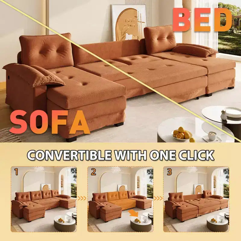 GDFStudio Yuna Canapé-Lit d'Angle Moderne en Fer et Bois avec Revêtement Chenille, Tiroir-Lit et Ports USB