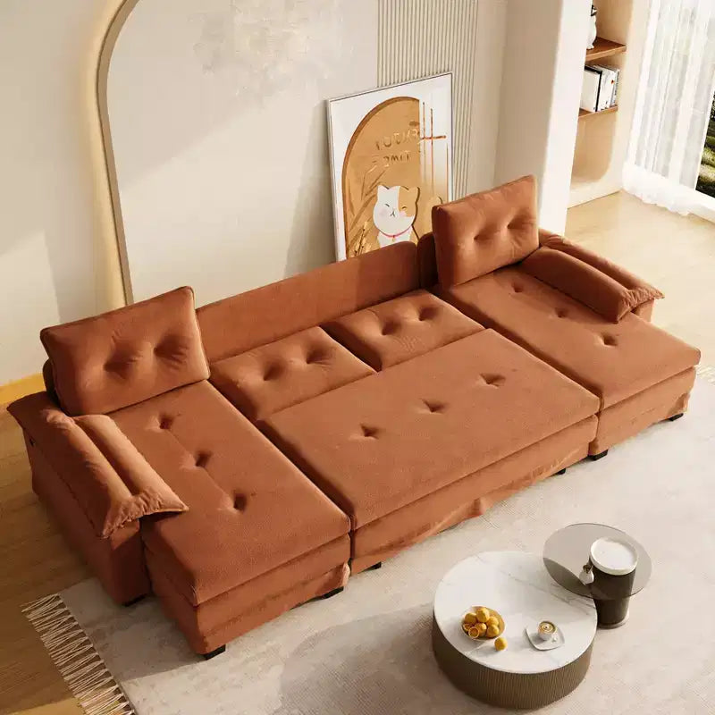 GDFStudio Yuna Canapé-Lit d'Angle Moderne en Fer et Bois avec Revêtement Chenille, Tiroir-Lit et Ports USB