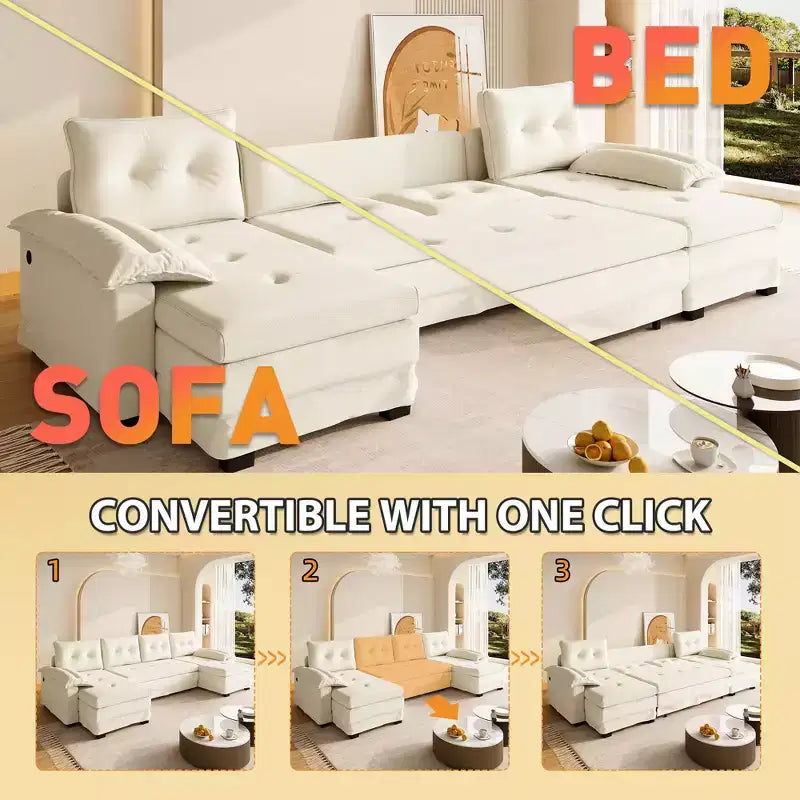 GDFStudio Yuna Canapé-Lit d'Angle Moderne en Fer et Bois avec Revêtement Chenille, Tiroir-Lit et Ports USB