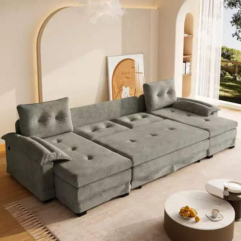 GDFStudio Yuna Canapé-Lit d'Angle Moderne en Fer et Bois avec Revêtement Chenille, Tiroir-Lit et Ports USB