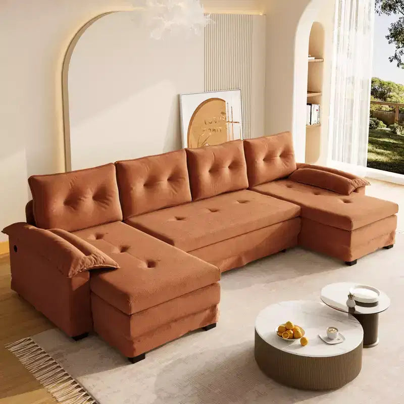 GDFStudio Yuna Canapé-Lit d'Angle Moderne en Fer et Bois avec Revêtement Chenille, Tiroir-Lit et Ports USB