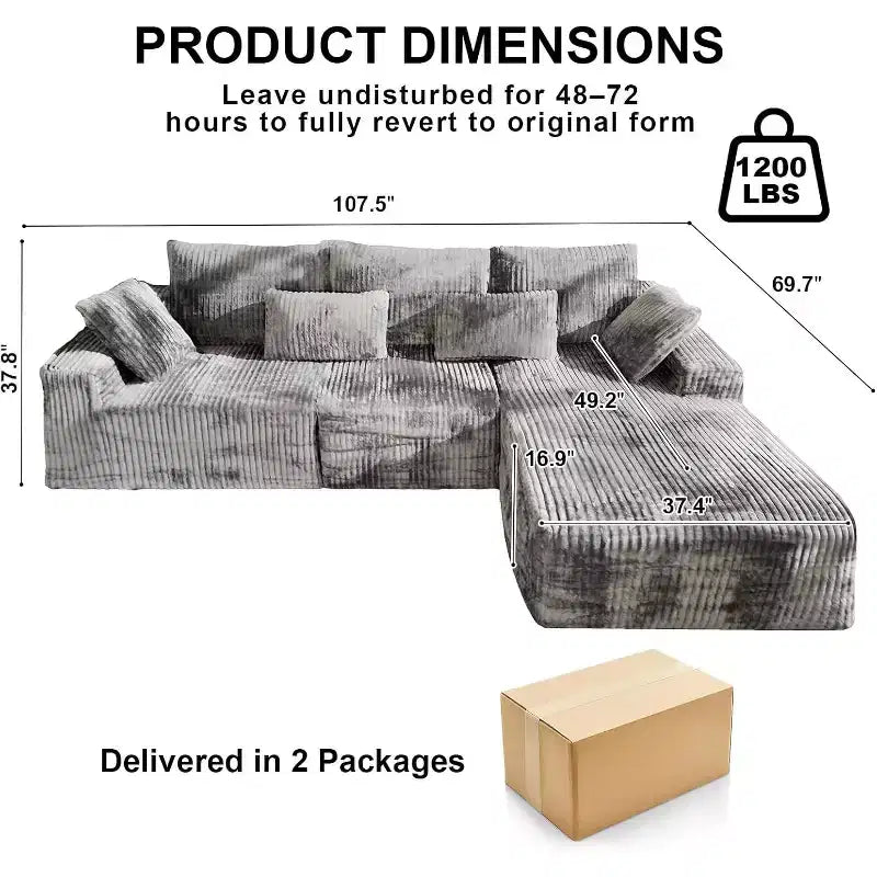 MooxvMoo Canapé d'angle modulable 107,5, canapé sans accoudoirs en L avec chaise longue et coussins pour salon, gris