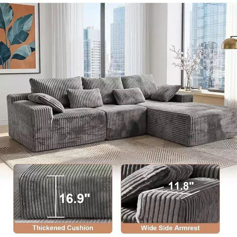 MooxvMoo Canapé d'angle modulable 107,5, canapé sans accoudoirs en L avec chaise longue et coussins pour salon, gris
