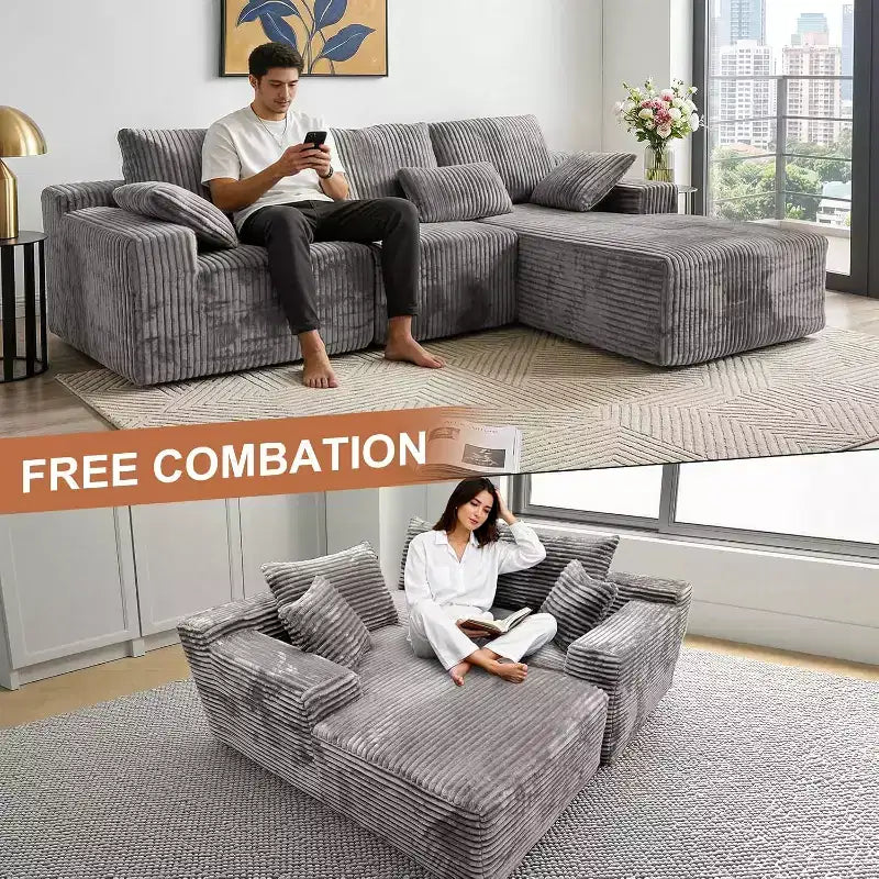 MooxvMoo Canapé d'angle modulable 107,5, canapé sans accoudoirs en L avec chaise longue et coussins pour salon, gris