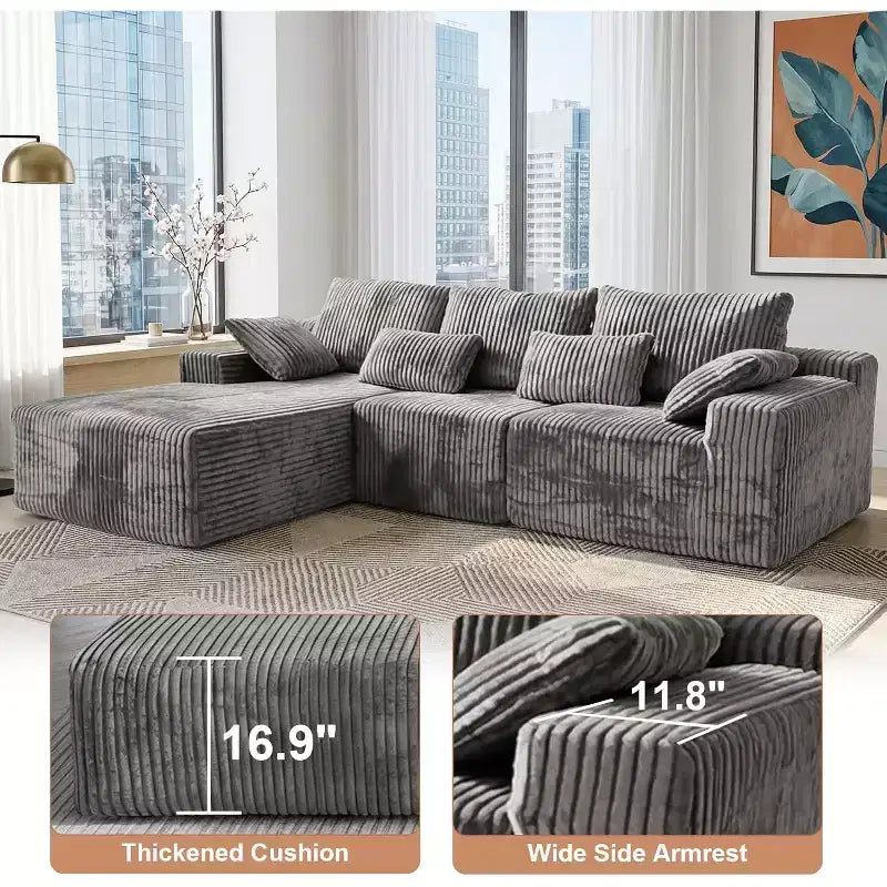 MooxvMoo Canapé d'angle modulable 107,5, canapés sans ossature en forme de L avec méridienne, coussin décoratif pour salon, aucun assemblage requis, gris