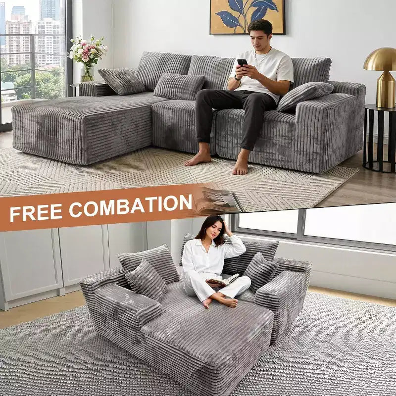 MooxvMoo Canapé d'angle modulable 107,5, canapés sans ossature en forme de L avec méridienne, coussin décoratif pour salon, aucun assemblage requis, gris