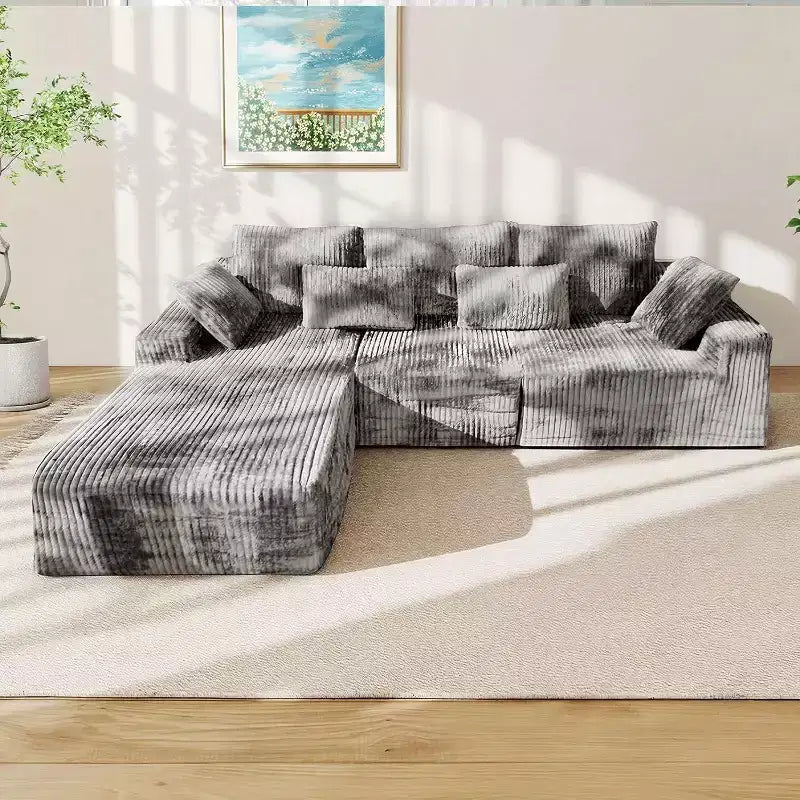 MooxvMoo Canapé d'angle modulable 107,5, canapés sans ossature en forme de L avec méridienne, coussin décoratif pour salon, aucun assemblage requis, gris