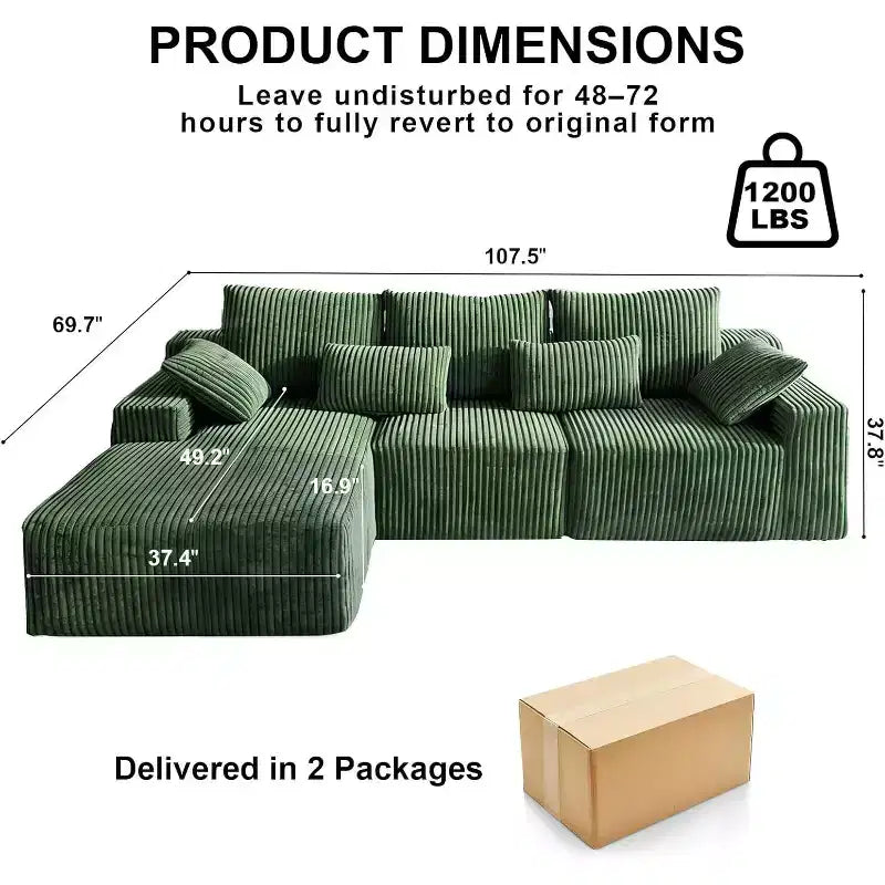 MooxvMoo Canapé d'angle sans accoudoirs en velours côtelé 107,5 avec méridienne et coussin, canapé sectionnel modulaire moelleux pour salon, vert