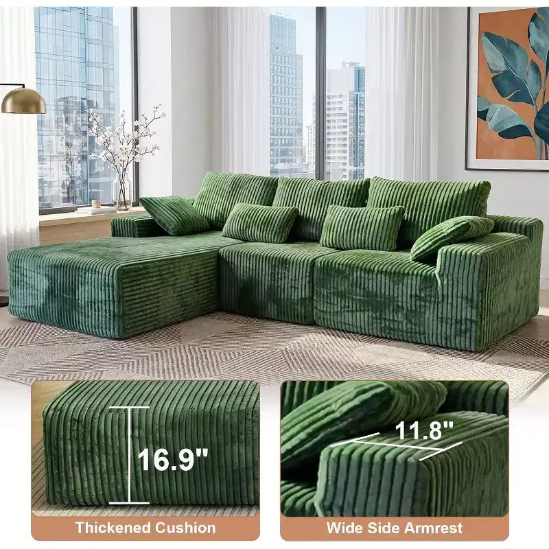 MooxvMoo Canapé d'angle sans accoudoirs en velours côtelé 107,5 avec méridienne et coussin, canapé sectionnel modulaire moelleux pour salon, vert