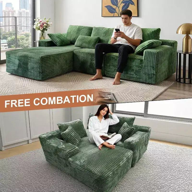 MooxvMoo Canapé d'angle sans accoudoirs en velours côtelé 107,5 avec méridienne et coussin, canapé sectionnel modulaire moelleux pour salon, vert