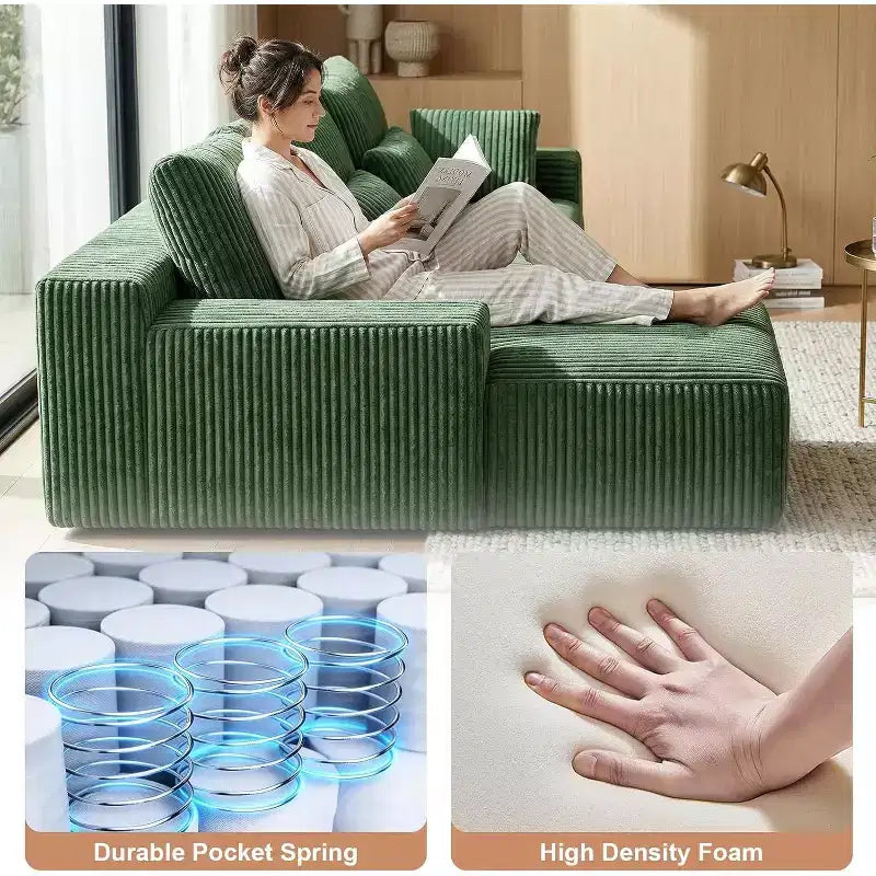 MooxvMoo Canapé d'angle sans accoudoirs en velours côtelé 107,5 avec méridienne et coussin, canapé sectionnel modulaire moelleux pour salon, vert