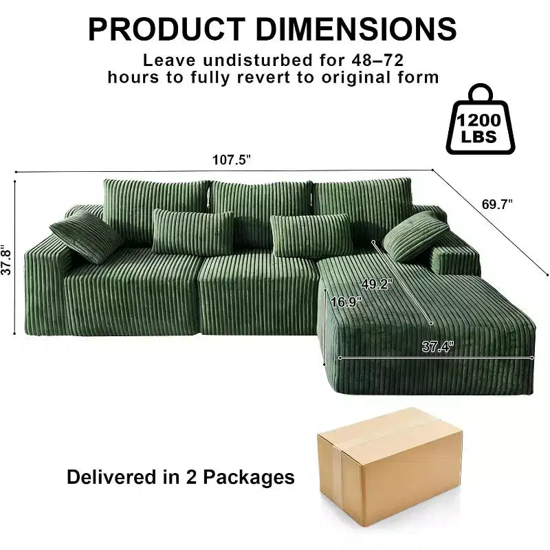 MooxvMoo Canapé sans accoudoirs 107.5 avec chaise longue et coussin décoratif, canapé sectionnel compressé en velours côtelé moelleux, aucun assemblage requis, vert