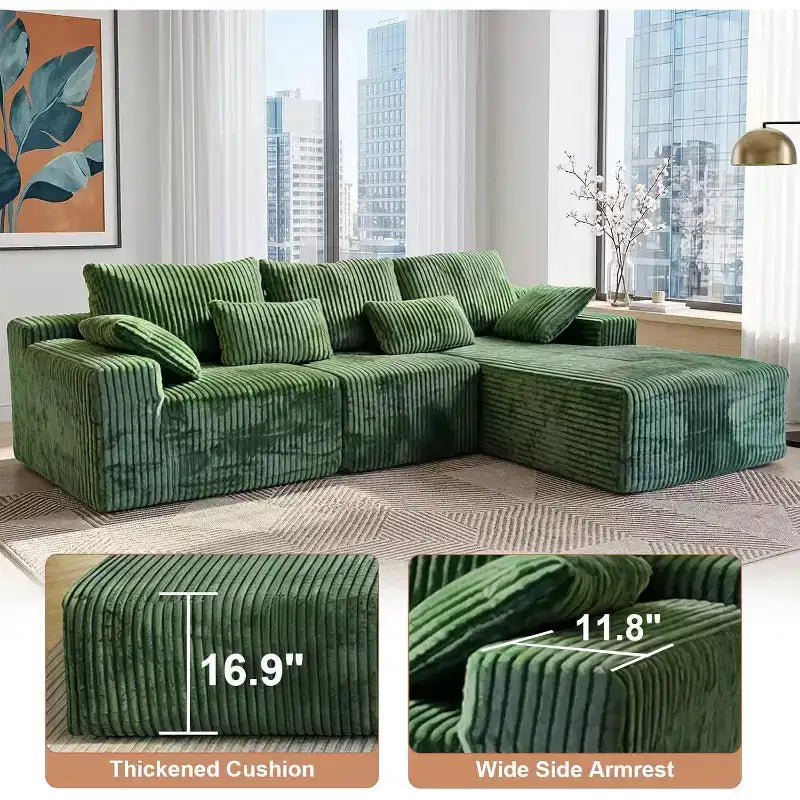 MooxvMoo Canapé sans accoudoirs 107.5 avec chaise longue et coussin décoratif, canapé sectionnel compressé en velours côtelé moelleux, aucun assemblage requis, vert