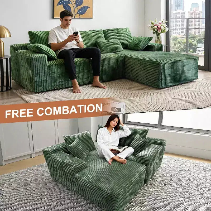 MooxvMoo Canapé sans accoudoirs 107.5 avec chaise longue et coussin décoratif, canapé sectionnel compressé en velours côtelé moelleux, aucun assemblage requis, vert