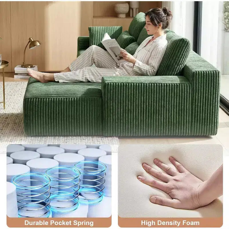 MooxvMoo Canapé sans accoudoirs 107.5 avec chaise longue et coussin décoratif, canapé sectionnel compressé en velours côtelé moelleux, aucun assemblage requis, vert